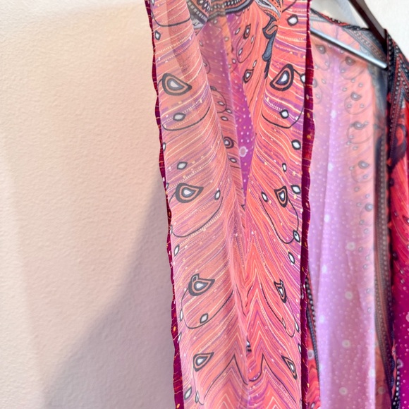 Boho Festival Sheer Kimono Duster Cardigan Red Pink Ombre Paisley XL - Picture 3 of 8